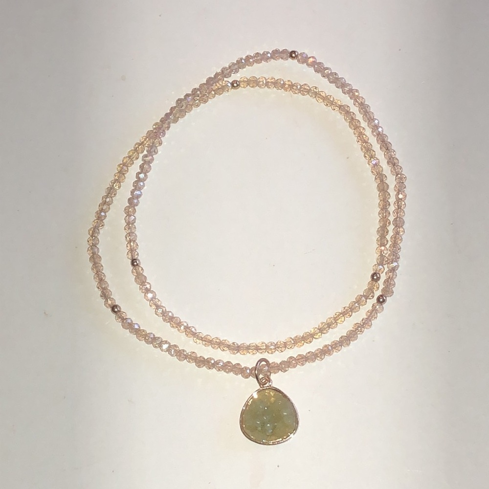 Delicate Pink Beaded Necklace with Green Faux Stone Pendant